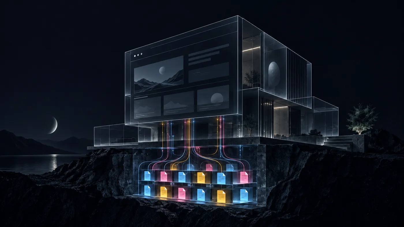 A translucent glass building at night with glowing multicolored documents embedded in its stone foundation, feeding lines up into the structure