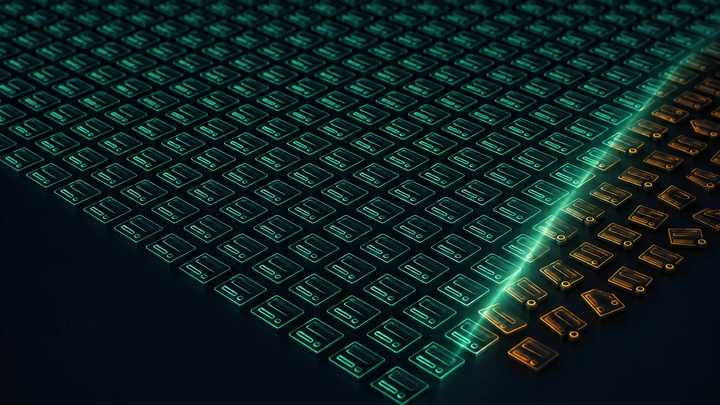 A grid of hundreds of identical components in mint linework; a corner of drifted components glows amber as a beam of light straightens them