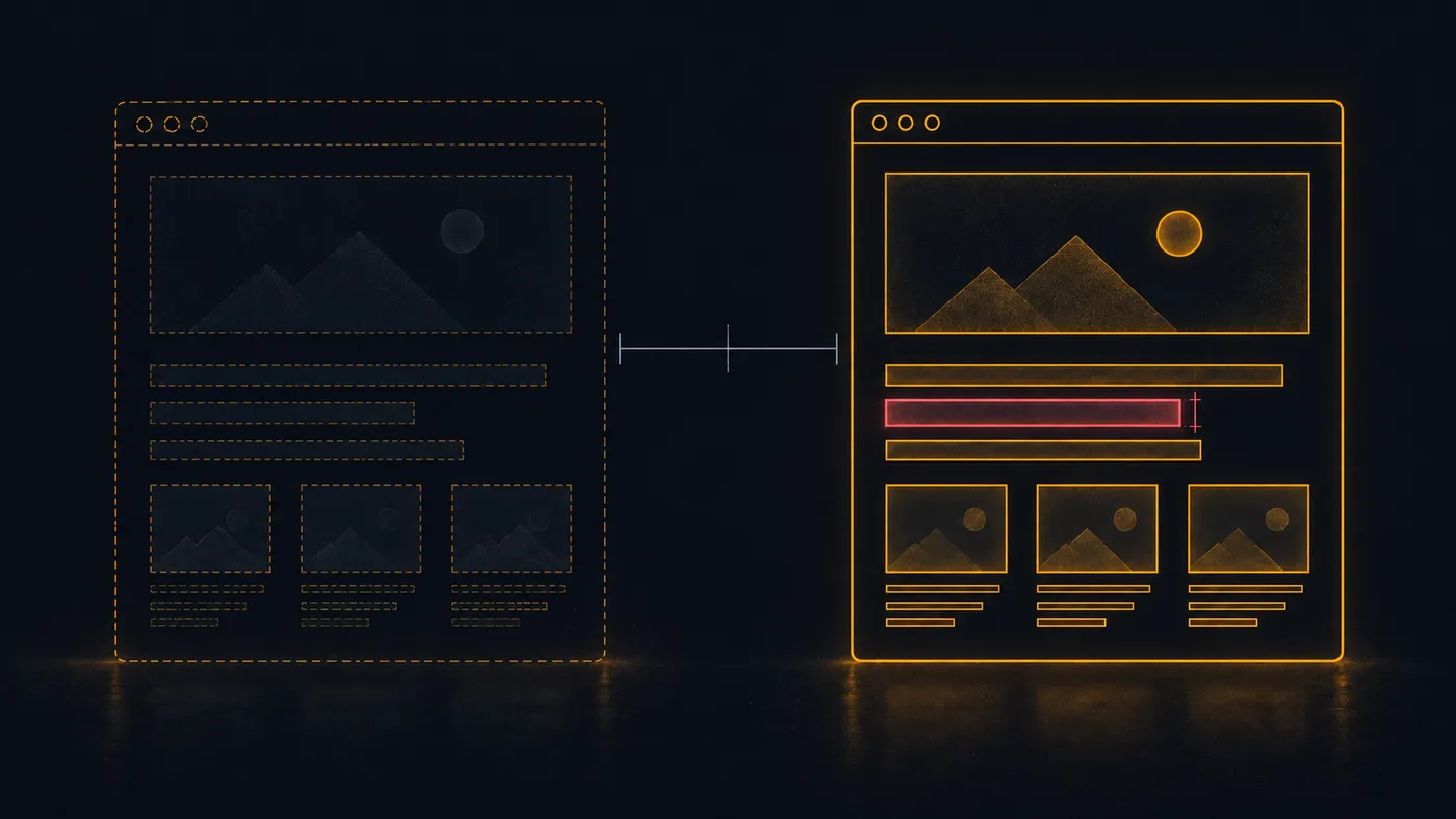 Two wireframe pages side by side: a dashed, dim outline of the claimed change beside the solid, lit published page, one mismatched element highlighted