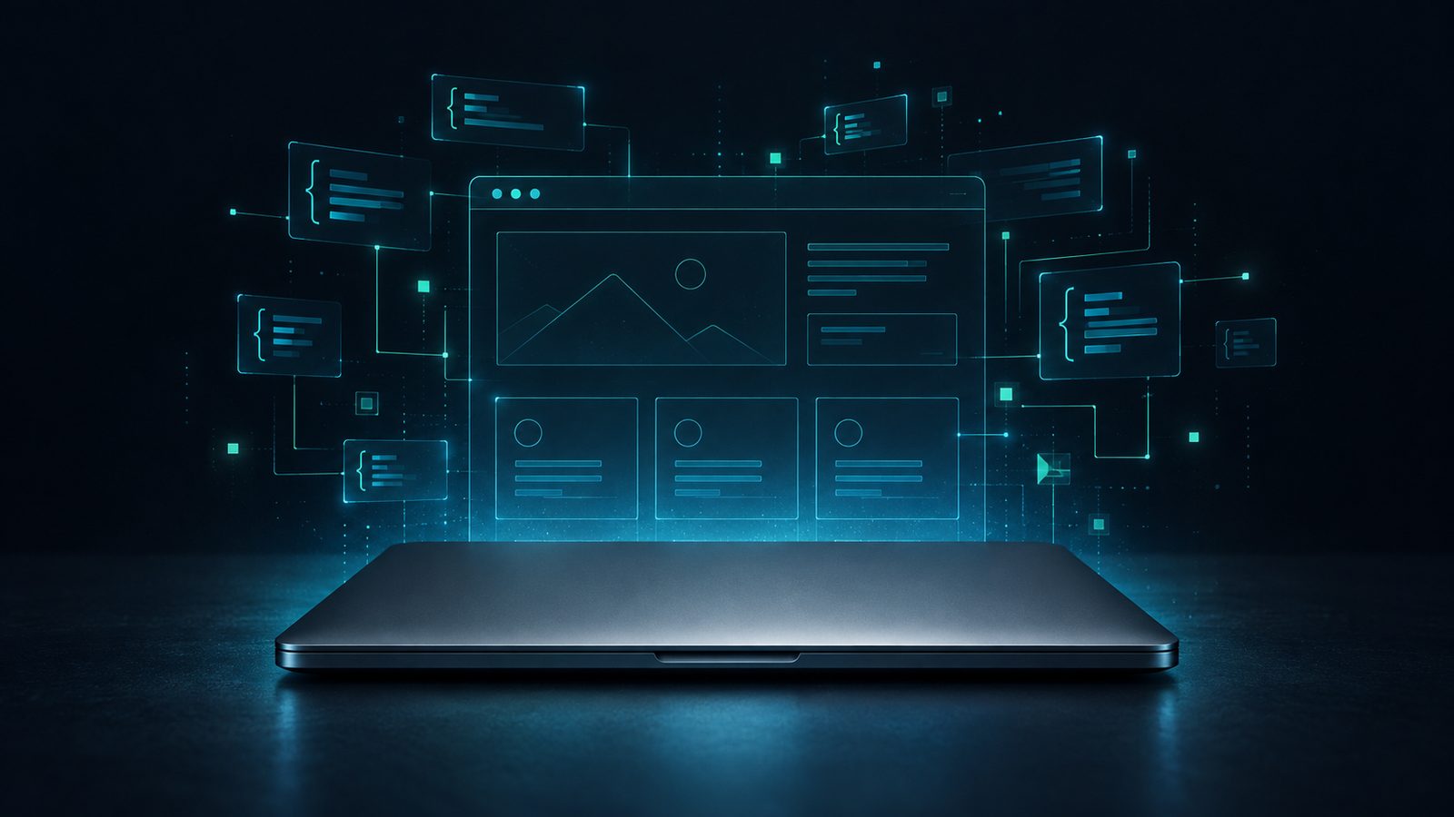 A closed laptop on a dark surface with a glowing wireframe webpage assembling itself above it from floating blocks of structured code